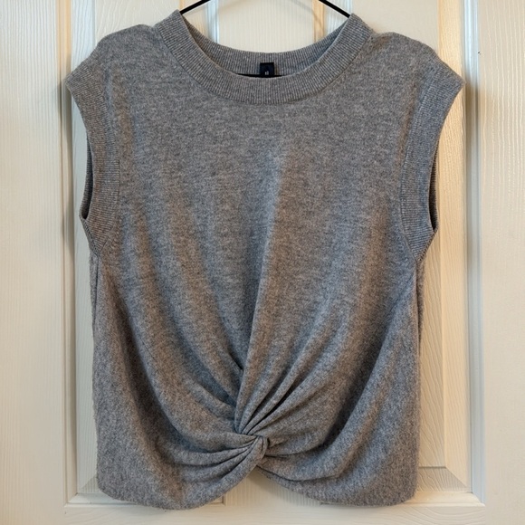 Aqua Twist Front Hem 100% cashmere Cap sleeve sweater top small grey neutral - Picture 1 of 5